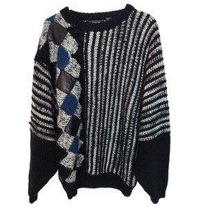 VTG 80s Street Scene Womens M Black White Argyle Striped Wool Blend Sweater